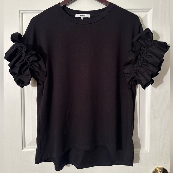 RO & DE XS Black SOFT Stretchy Crew Neck Ruffled Sleeve Smile Hem Hi Lo MADE USA - Picture 3 of 11